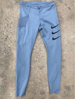 M NIKE Run Division Epic Luxe Leggings Ashen Slate Sky Blue Black Swoosh Logo